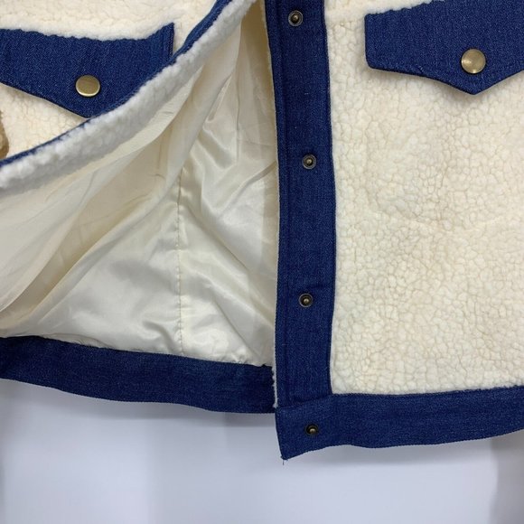 Shein Jacket Faux Shearling Button Front Beige Blue Contrast - Picture 5 of 11